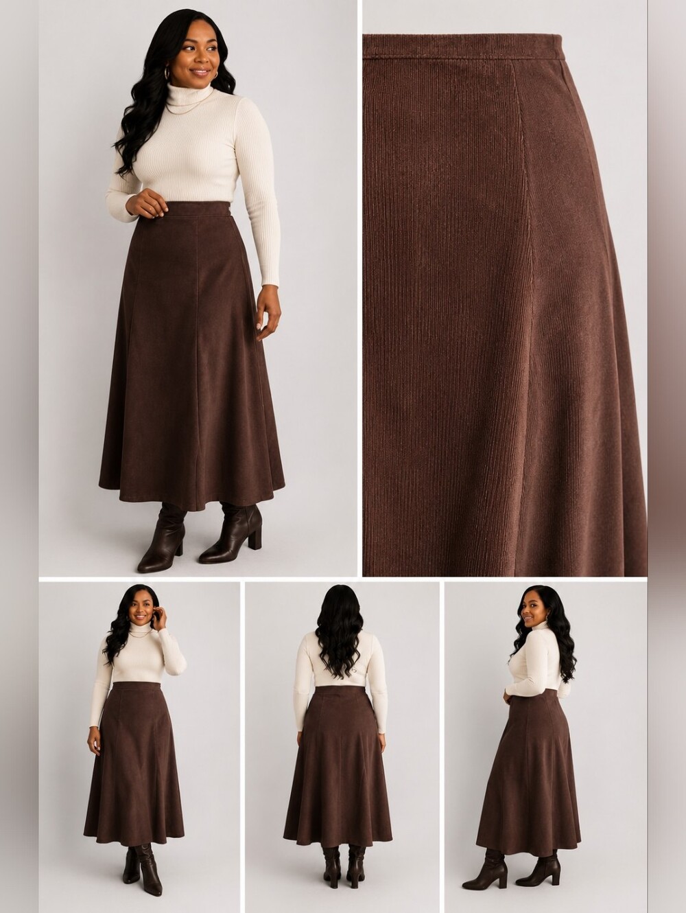 Melissa Paige | Vintage Brown Corduroy A-Line Midi Skirt | Classic Fall & Winter